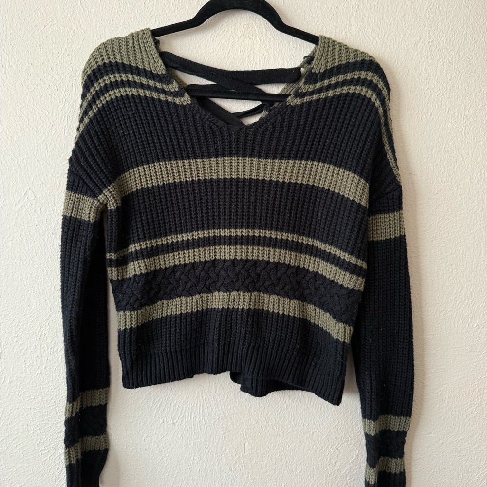 Derek Heart Black and Olive Striped V-Neck Sweater